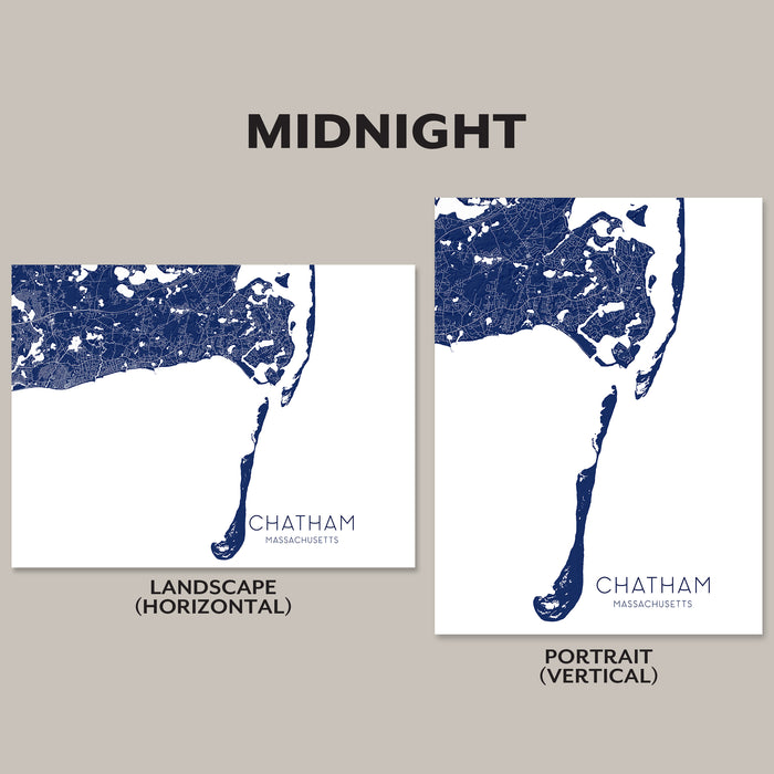 Two map prints of Chatham, Massachusetts, one landscape and one portrait, on a beige background.