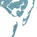 Map of a coastal area with roads and water bodies in light blue on a white background
