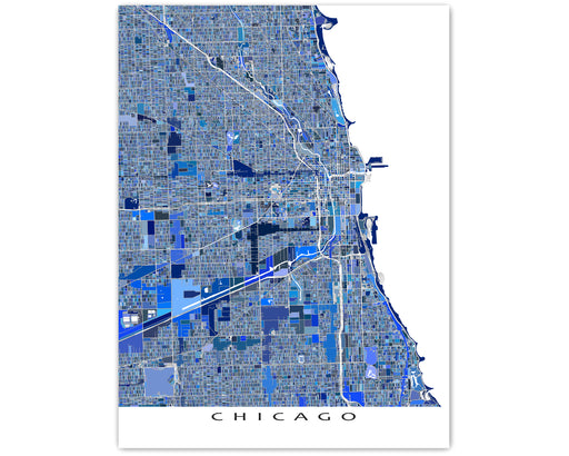 Chicago, Illinois map art print in blue shapes designed by Maps As Art.