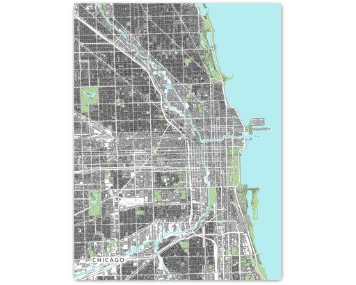 Chicago, Illinois map art print with city streets and buildings designed by Maps As Art.