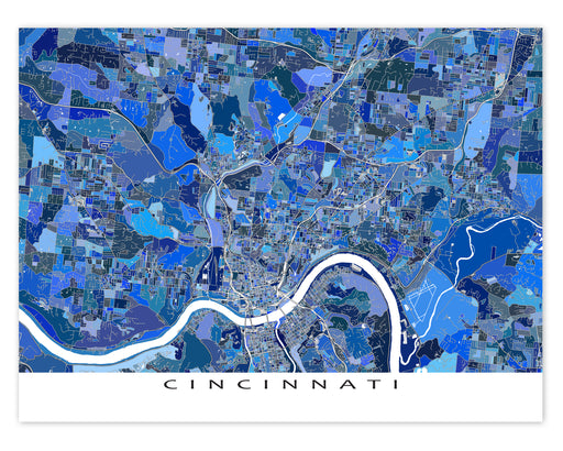 Cincinnati, Ohio map art print in blue shapes designed by Maps As Art.
