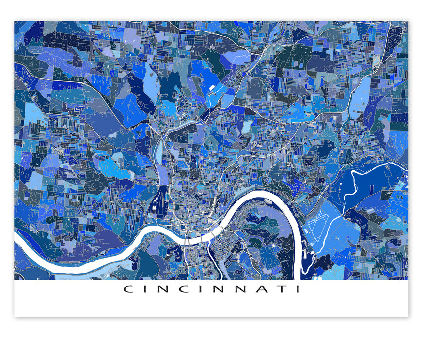 Cincinnati, Ohio map art print in blue shapes designed by Maps As Art.