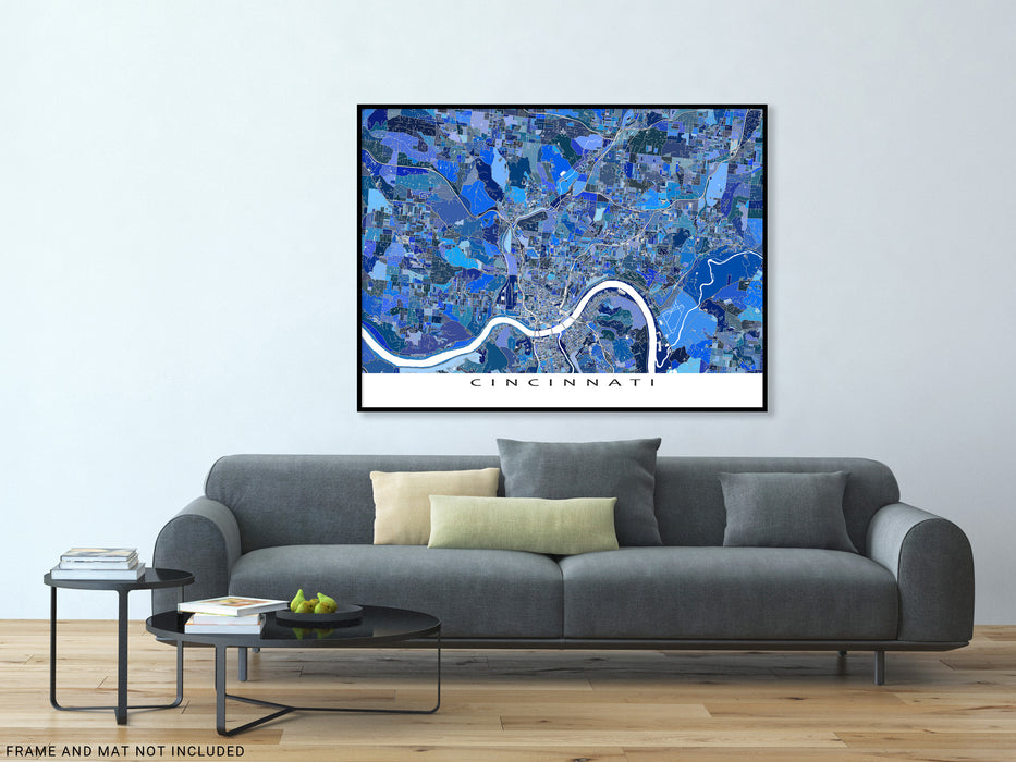Cincinnati, Ohio map art print in blue shapes designed by Maps As Art.