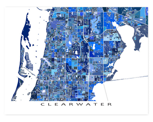 Clearwater, Florida city map art print poster with a blue geometric design from Maps As Art.