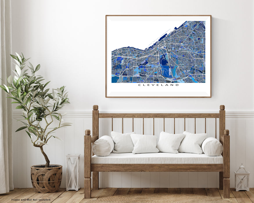 Cleveland, Ohio map art print in blue shapes designed by Maps As Art.
