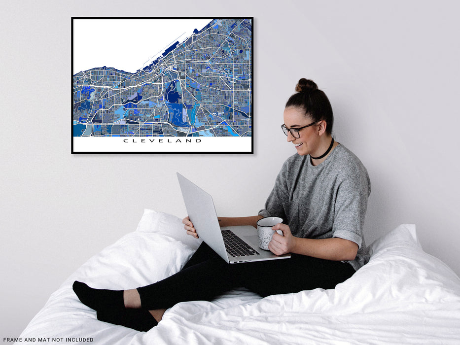 Cleveland, Ohio map art print in blue shapes designed by Maps As Art.