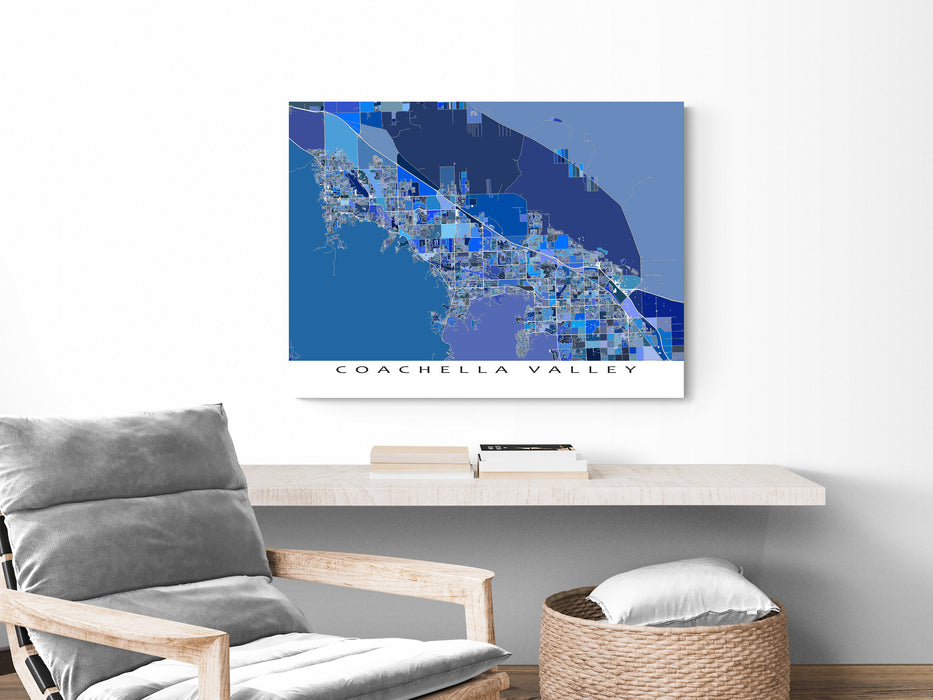 Coachella Valley, California map art print in blue shapes designed by Maps As Art.