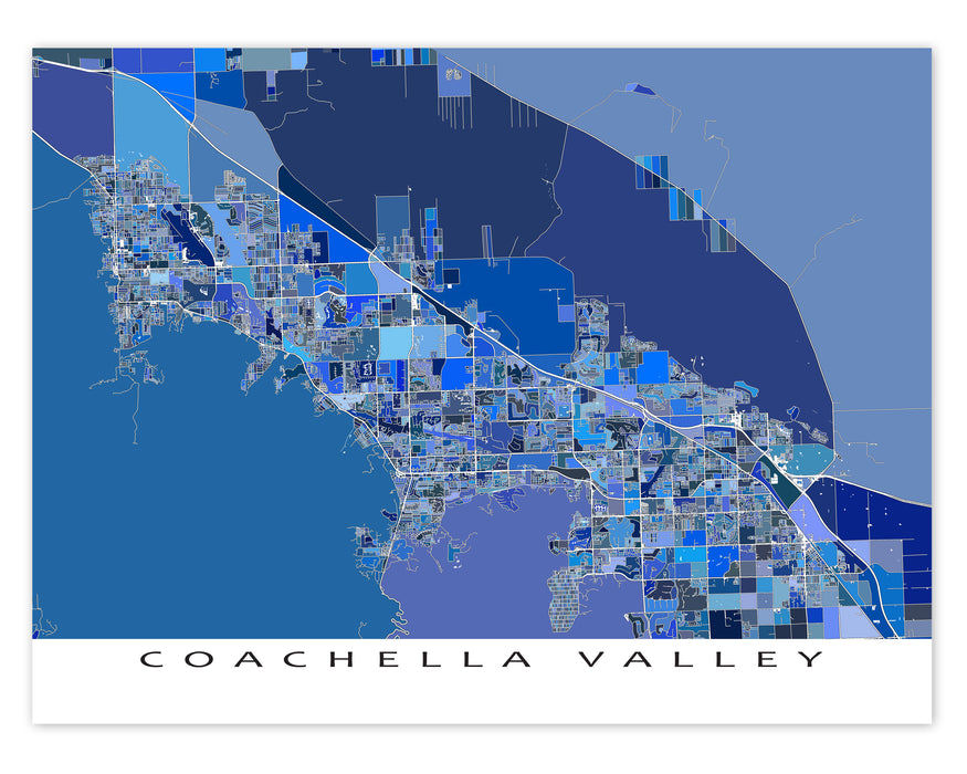 Coachella Valley, California map art print in blue shapes designed by Maps As Art.