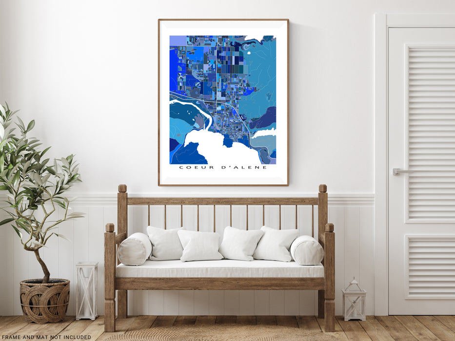 Coeur DAlene, Idaho city map print with a blue geometric design by Maps As Art.