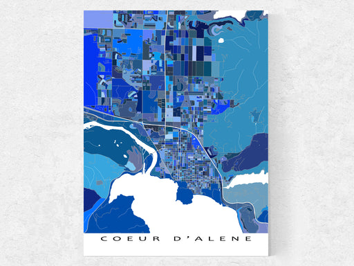 Coeur DAlene, Idaho city map print with a blue geometric design by Maps As Art.