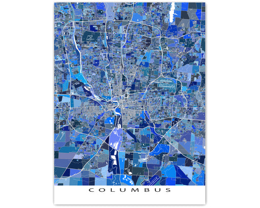 Columbus, Ohio map art print in blue shapes designed by Maps As Art.