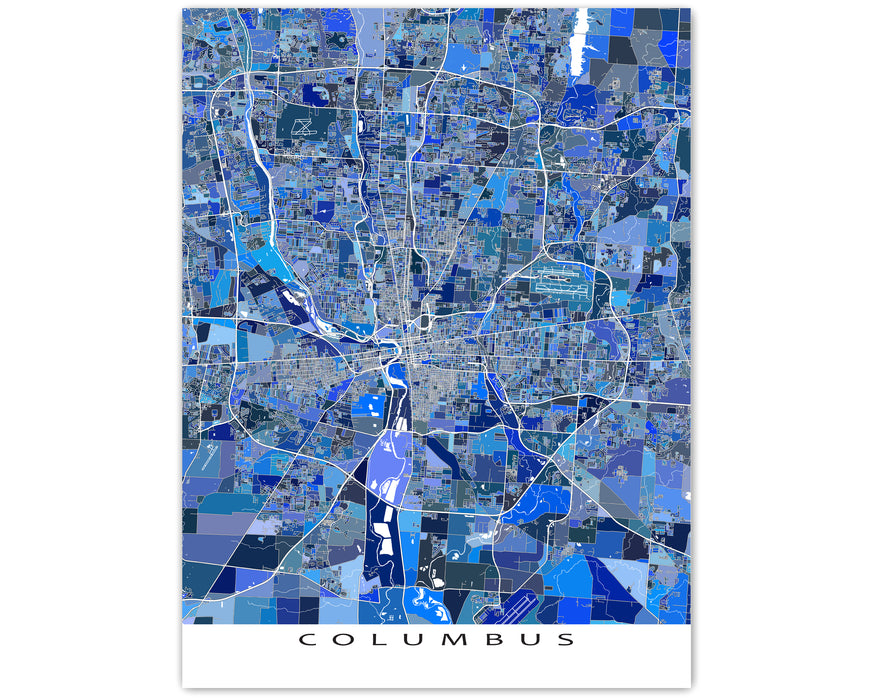 Columbus, Ohio map art print in blue shapes designed by Maps As Art.
