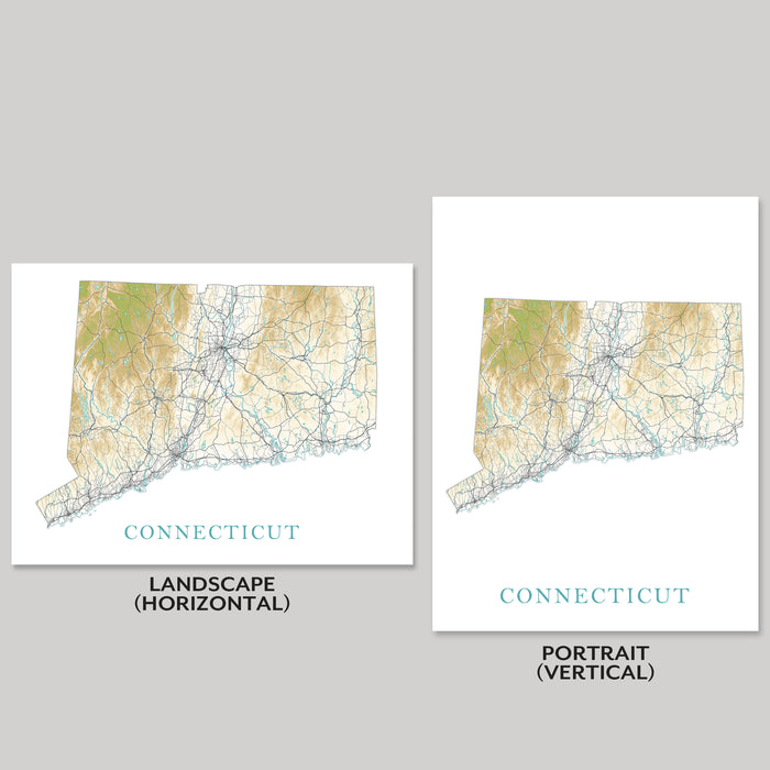 Two maps of Connecticut, one landscape and one portrait, on a gray background.