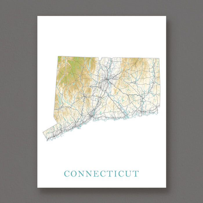Map of Connecticut on a white background with 'Connecticut' text below.