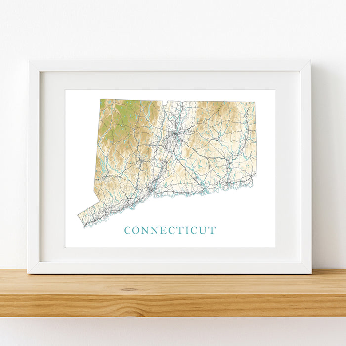 Framed map of Connecticut on a white wall
