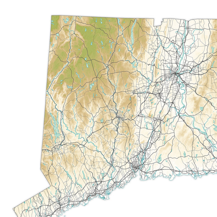 Topographic map of Connecticut with roads and water bodies.