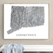 Framed topographic map of Connecticut on a wall above a white bench.