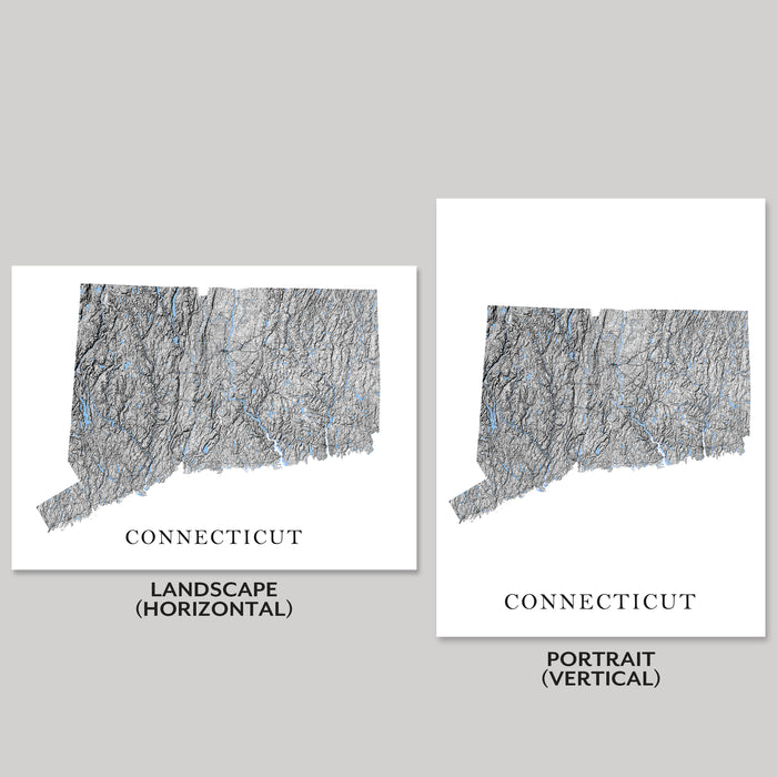 Two maps of Connecticut, one landscape and one portrait, on a gray background.