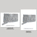 Two maps of Connecticut, one landscape and one portrait, on a gray background.