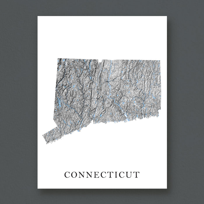 Map of Connecticut on a white background with gray topography details