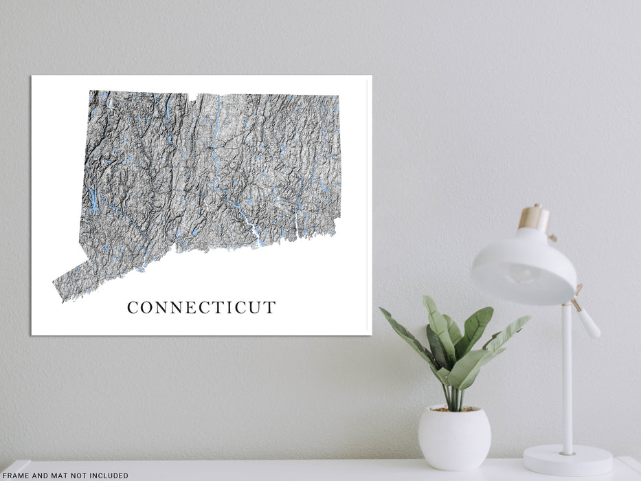 Connecticut state map print with a black and white topographic design by Maps As Art.