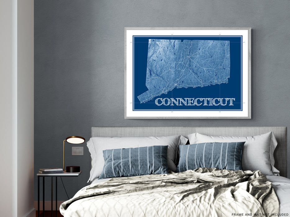 Connecticut state blueprint map art print designed by Maps As Art.