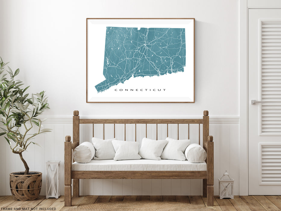 Connecticut state map print with natural landscape and main roads designed by Maps As Art.