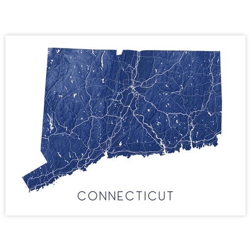 Map of Connecticut with a blue background and white roads.