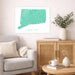 Living room with a map of Connecticut on the wall, a gray sofa, wooden cabinet, and decorative items.