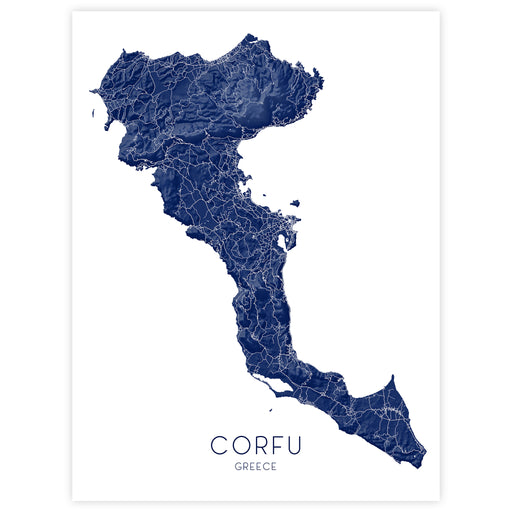 Map of Corfu, Greece in blue on a white background