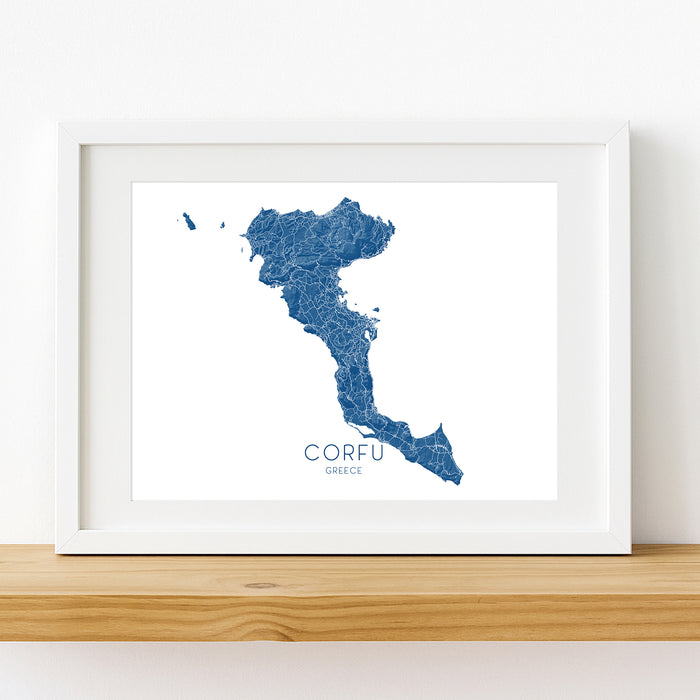 Framed map of Corfu on a white background