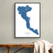 Framed map of Corfu on a wall above a wooden bench.