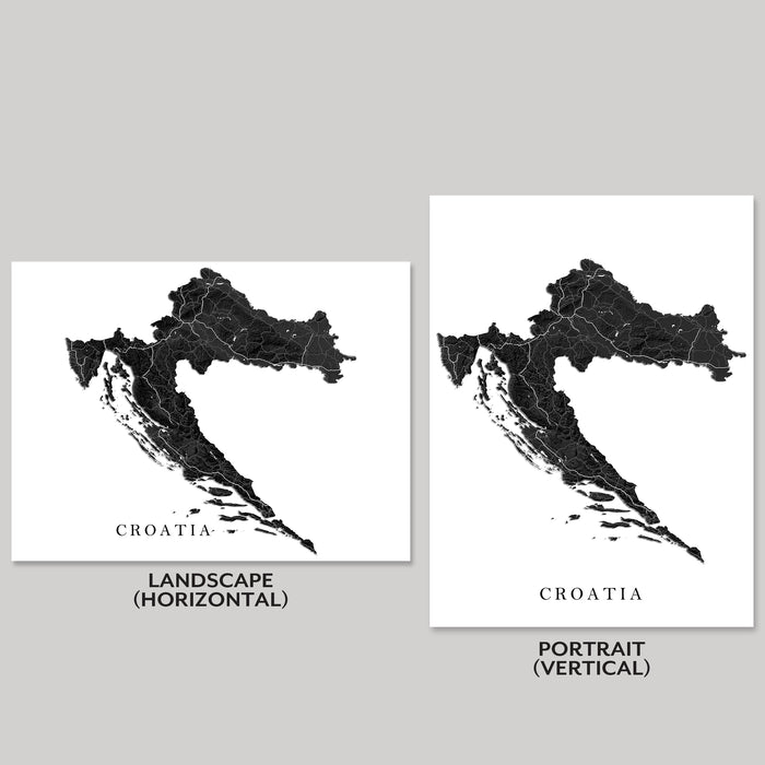 Two maps of Croatia, one in landscape horizontal orientation and the other in portrait vertical orientation, on a gray background.