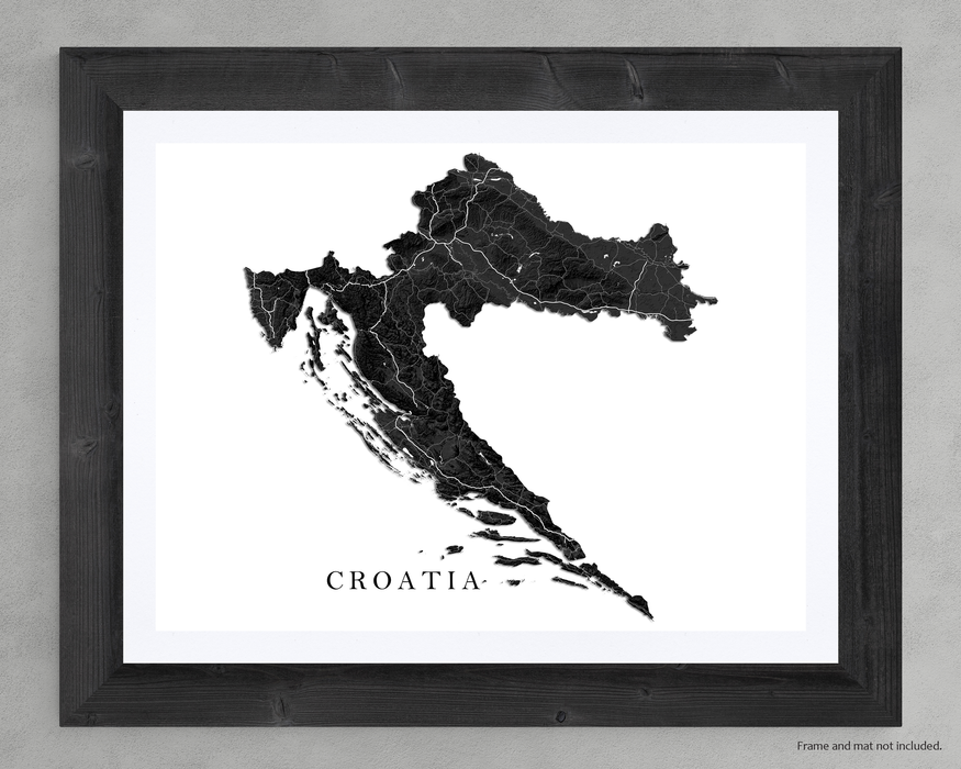 Croatia map with a black and white topographic landscape design by Maps As Art.