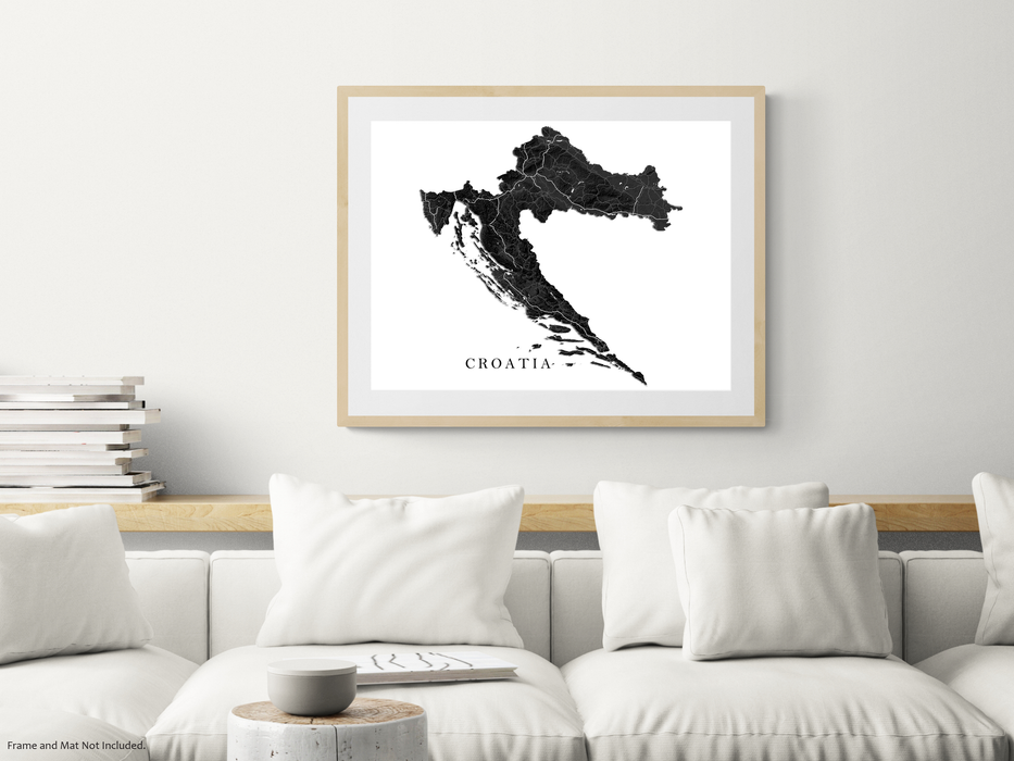 Croatia map with a black and white topographic landscape design by Maps As Art.