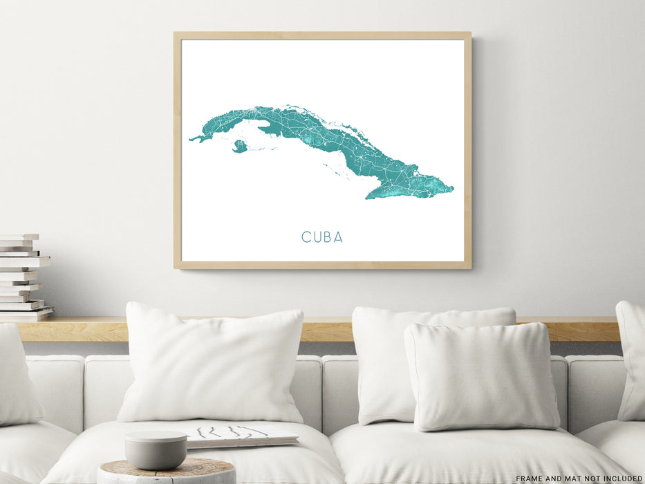 Cuba island map print with a turquoise landscape design by Maps As Art.