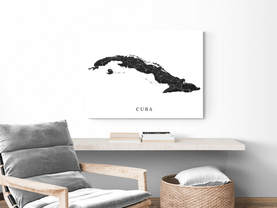 Cuba island map print with a black and white topographic landscape design by Maps As Art.