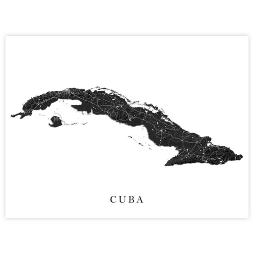 Cuba map print with topographic landscape features.