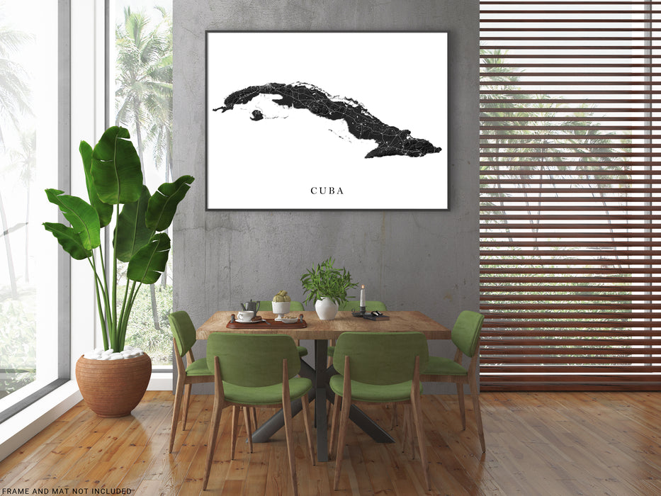 Cuba island map print with a black and white topographic landscape design by Maps As Art.
