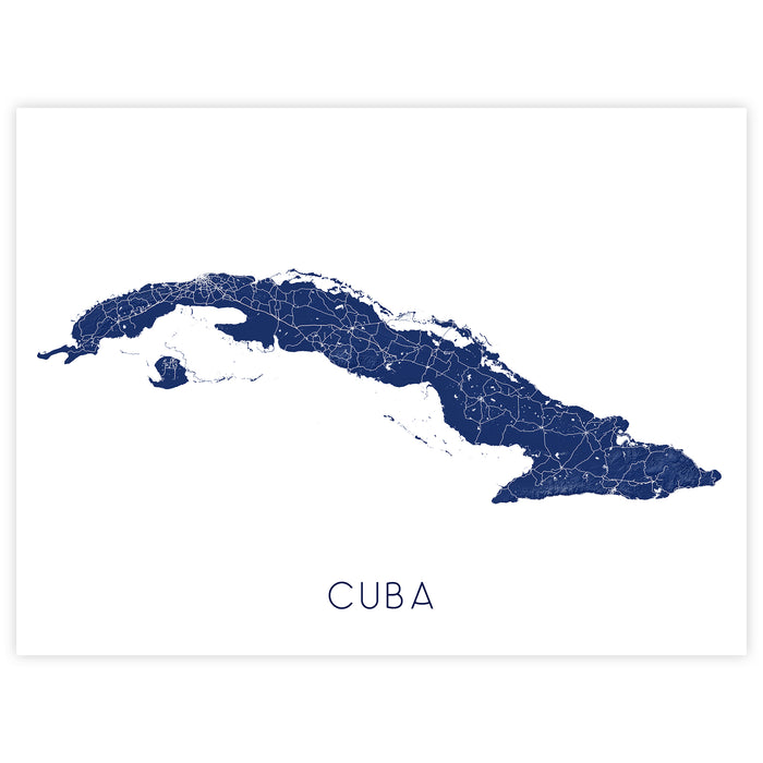 Map of Cuba in navy blue on a white background