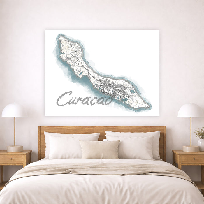 Map of Curaçao on a wall above a bed in a bedroom setting