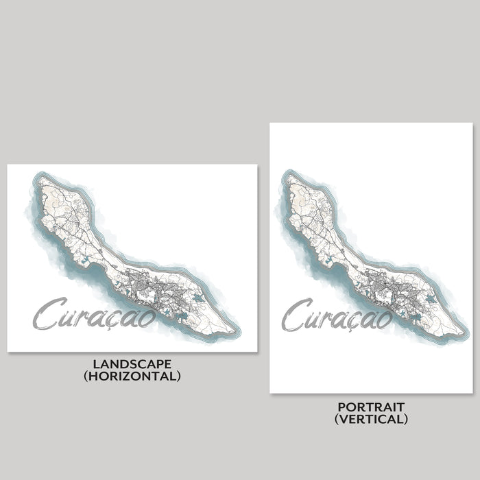 Two maps of Curacao, one in landscape and one in portrait orientation, on a gray background.