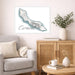 Living room with a map of Curaçao on the wall, a couch, and a wooden cabinet.