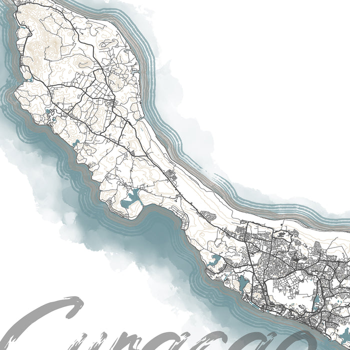 Topographic map of an island with roads and water bodies