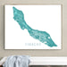 Framed map of Curacao on a wall above a white bench.