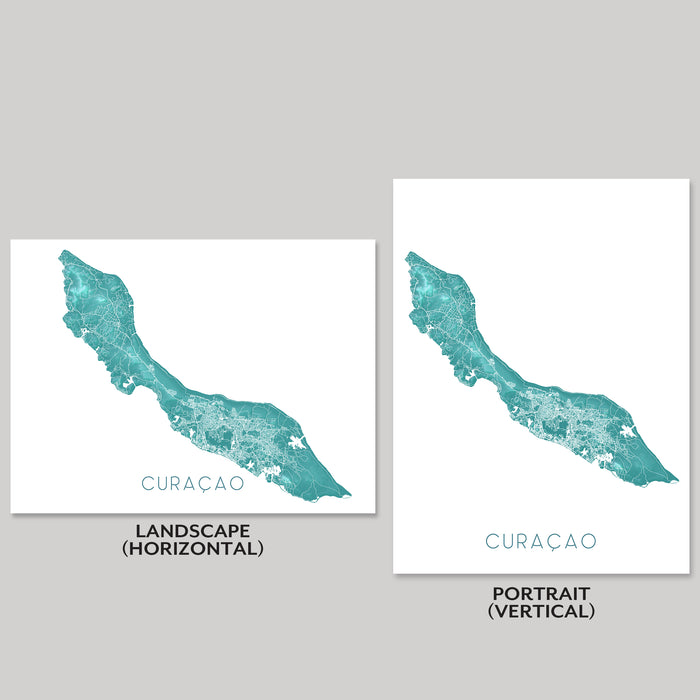 Two maps of Curacao, one in landscape and one in portrait orientation, on a gray background.