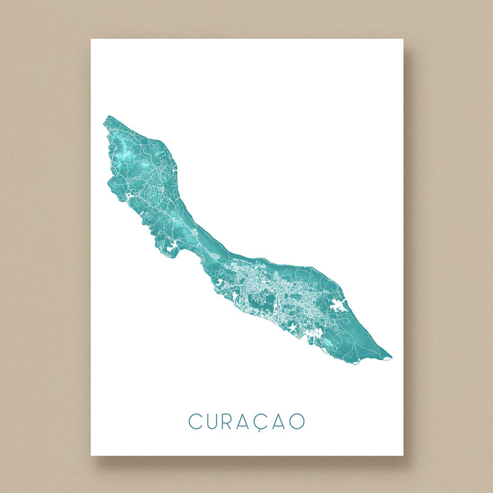 Map of Curacao in teal on a white background