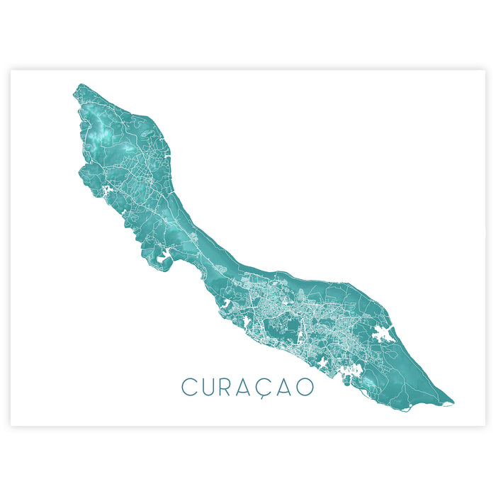Map of Curaçao in turquoise blue on a white background