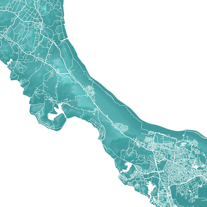 Map of a coastal area with roads and boundaries in teal color on a white background