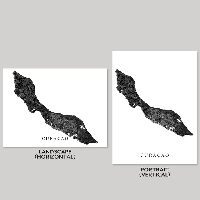 Two maps of Curacao, one in landscape and one in portrait orientation, on a gray background.
